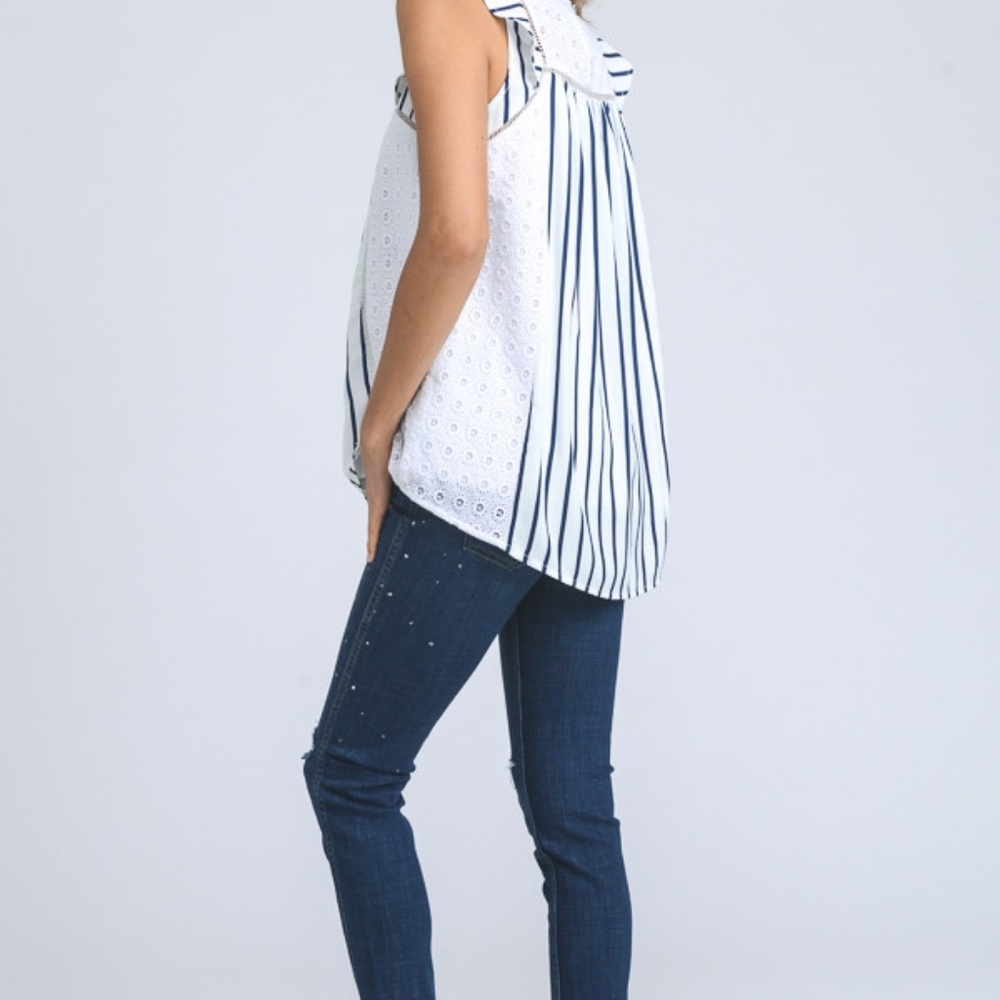 Navy and White Stripe Embroidered Top